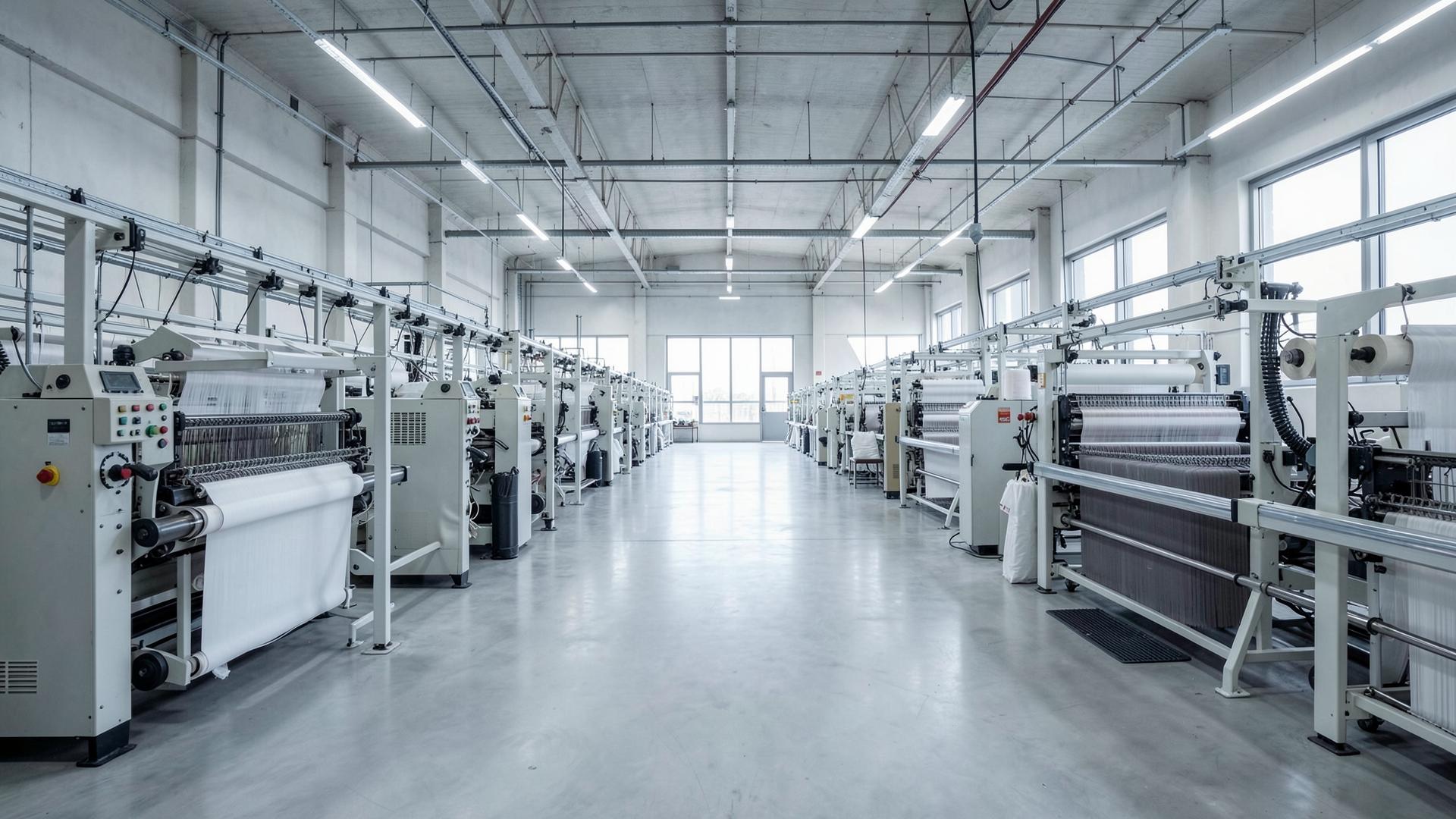 Textile manufacturing hall with weaving and coating machinery
