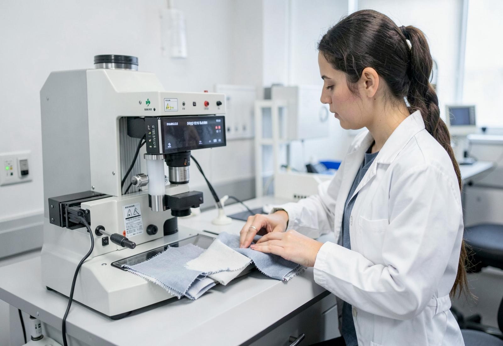 Textile testing laboratory with fabric samples