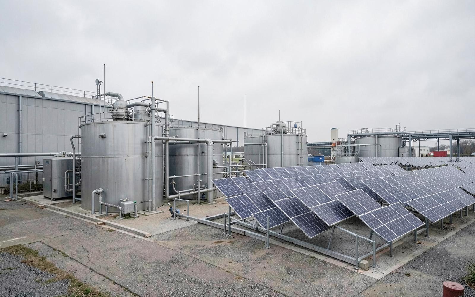 Effluent treatment tanks and solar panels at an industrial facility